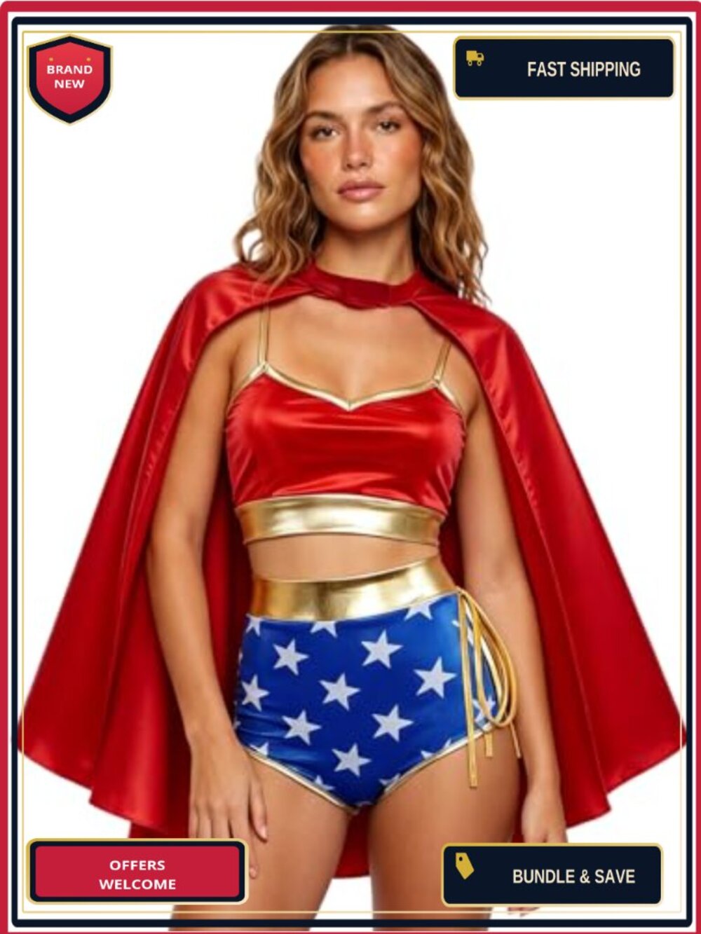 Women's Superhero Costume Set with Cape Star Shorts Halloween Cosplay